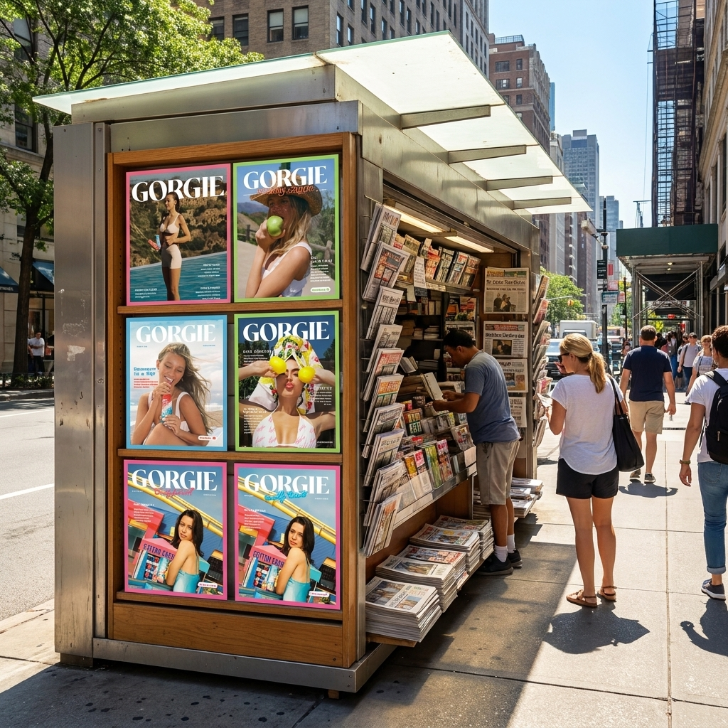 GORGIE Magazine covers on a city newsstand