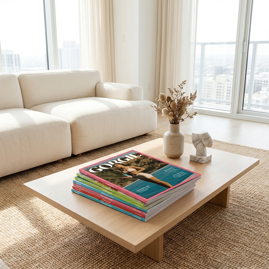 a stack of GORGIE Magazine issues on a coffee table